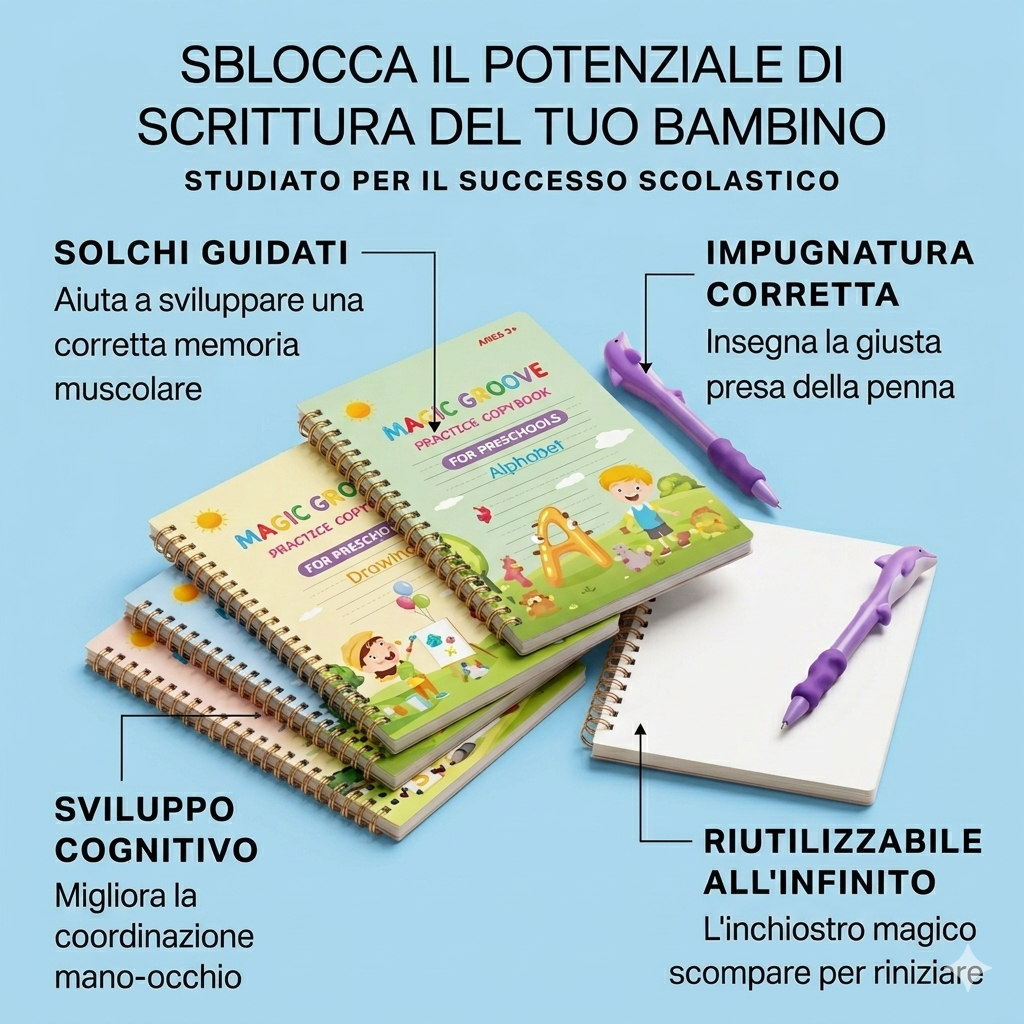 GrooveWrite™️: Quaderno per esercizi di scrittura a mano per bambini